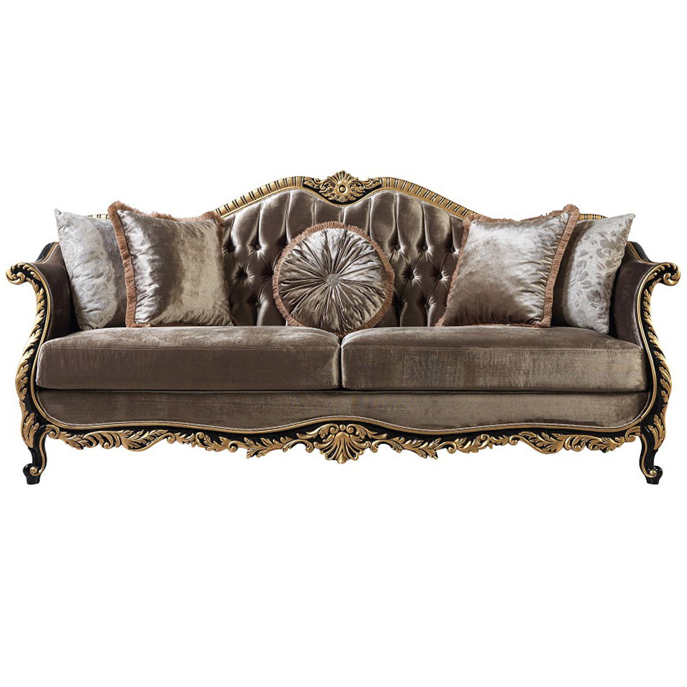 Betria - Sofa With 5 Pillows - Light Green Velvet, Gold & Black High Gloss