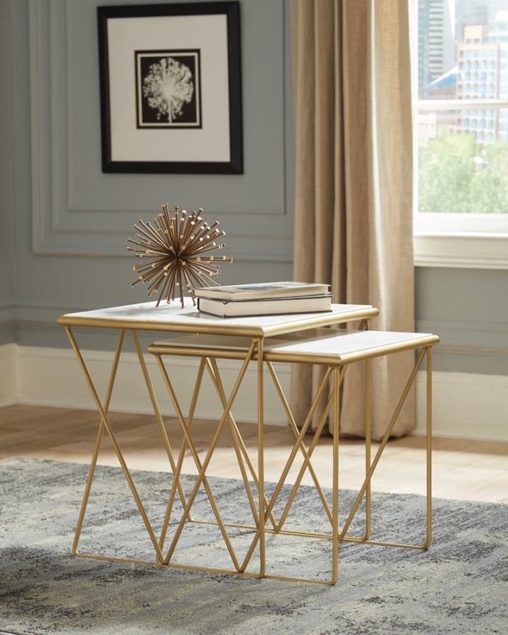 Bette - 2 Piece Marble Top Nesting Table Set - White And Gold