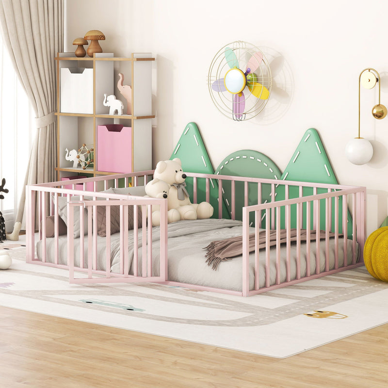 Metal Floor Bed Frame With Fence And Door