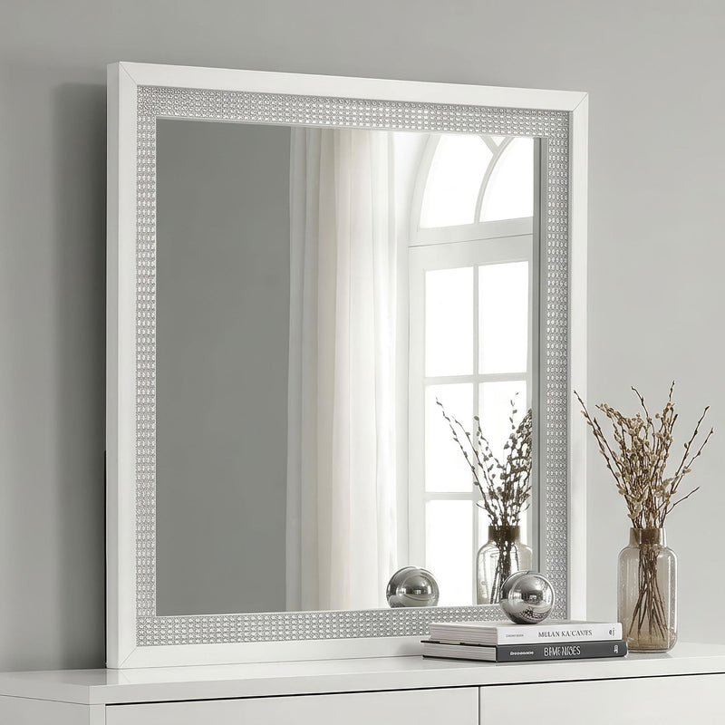 Viana Square Beveled Dresser Mirror with Faceted Trim White High Gloss