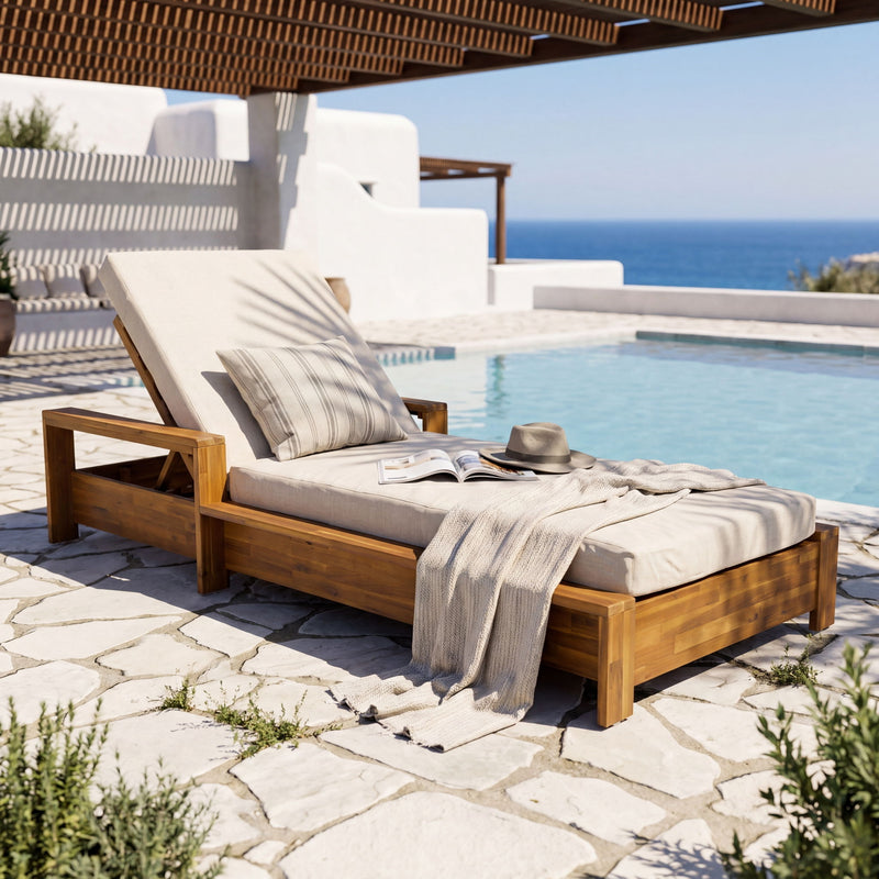 Chaise Lounge Set With 3 Position Adjustable Backrest, 2 Fold Cushion, Outdoor Recliner For Patio - Cream / Teak