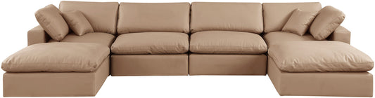 Comfy - 6 Piece Faux Leather Modular Double Chaise Sectional - Tan