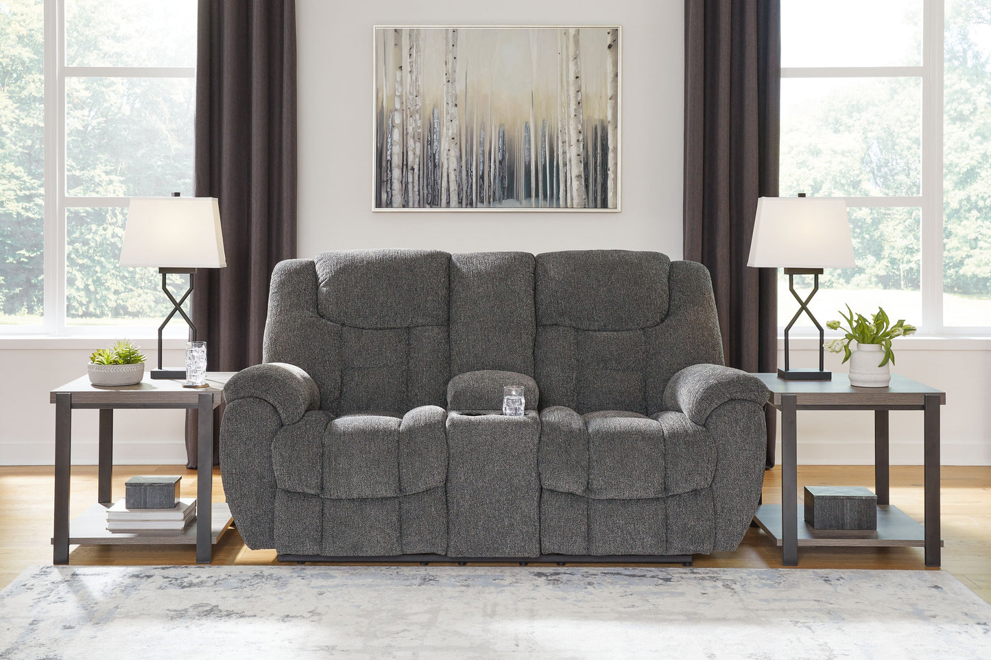 Foreside - Charcoal - Dbl Reclining Loveseat with Console