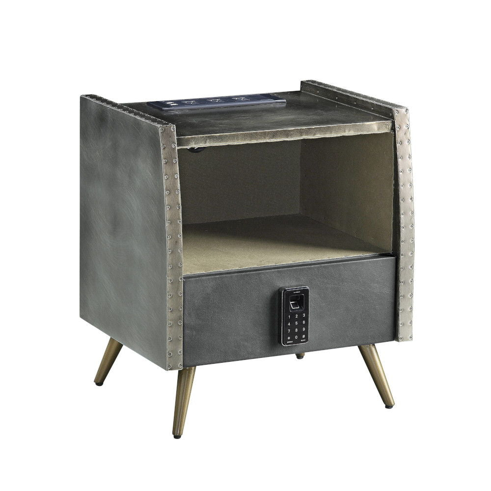 Doris - Nightstand With USB & Electric Lock - Gray Top Grain Leather & Aluminum