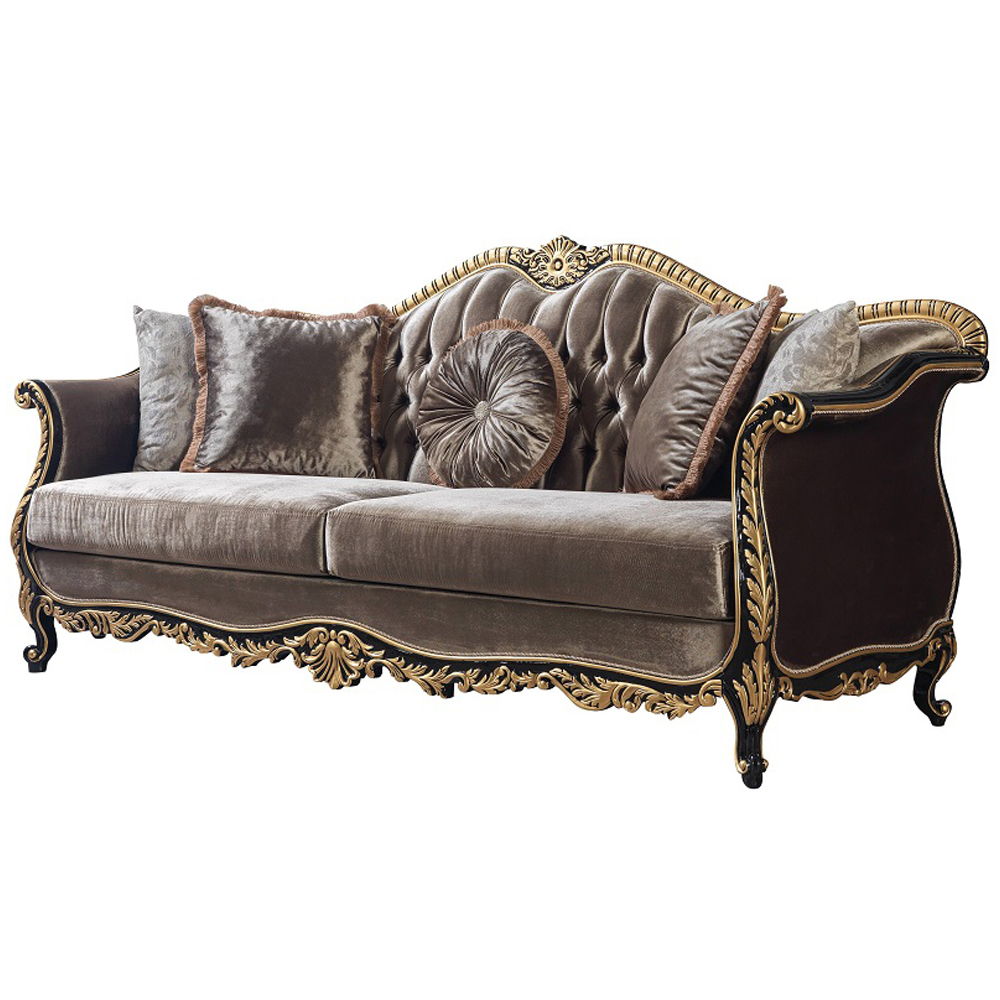 Betria - Sofa With 5 Pillows - Light Green Velvet, Gold & Black High Gloss
