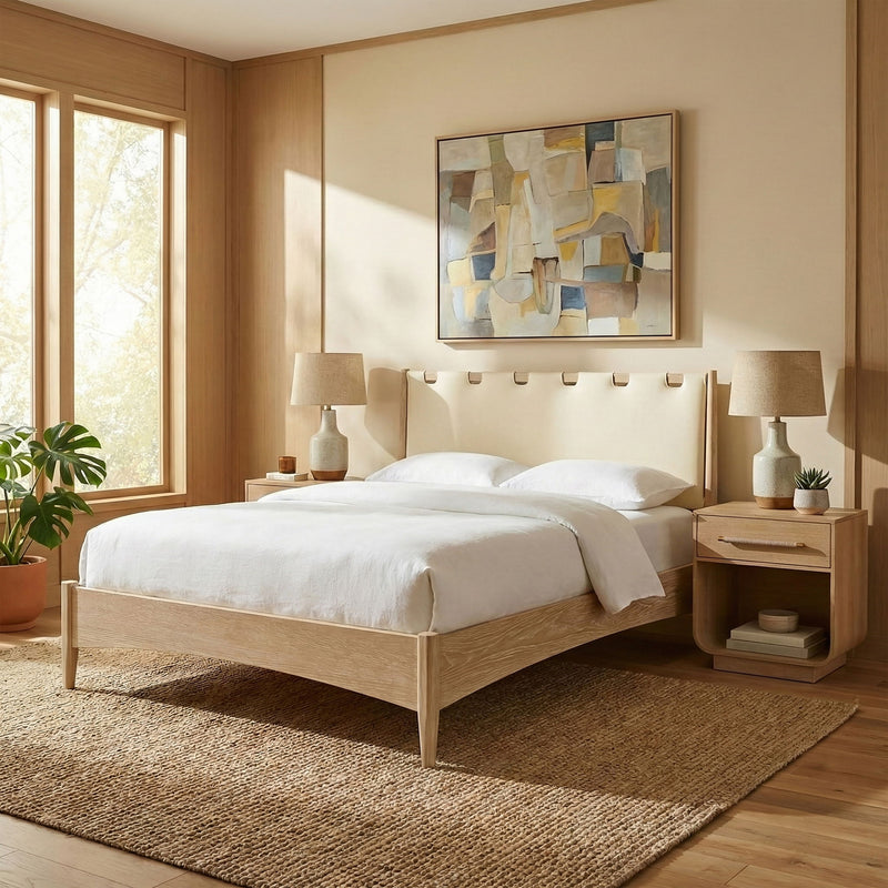 Santos - Vegan Leather Headboard And Wood Bed - Waxed Natural Frame