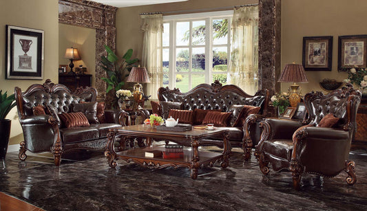 Versailles - Loveseat With 5 Pillows - Two Tone Dark Brown Synthetic Leather & Cherry Oak