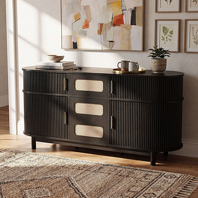 Fluted Sideboard Buffet Cabinet With Sliding Doors And Adjustable Shelves