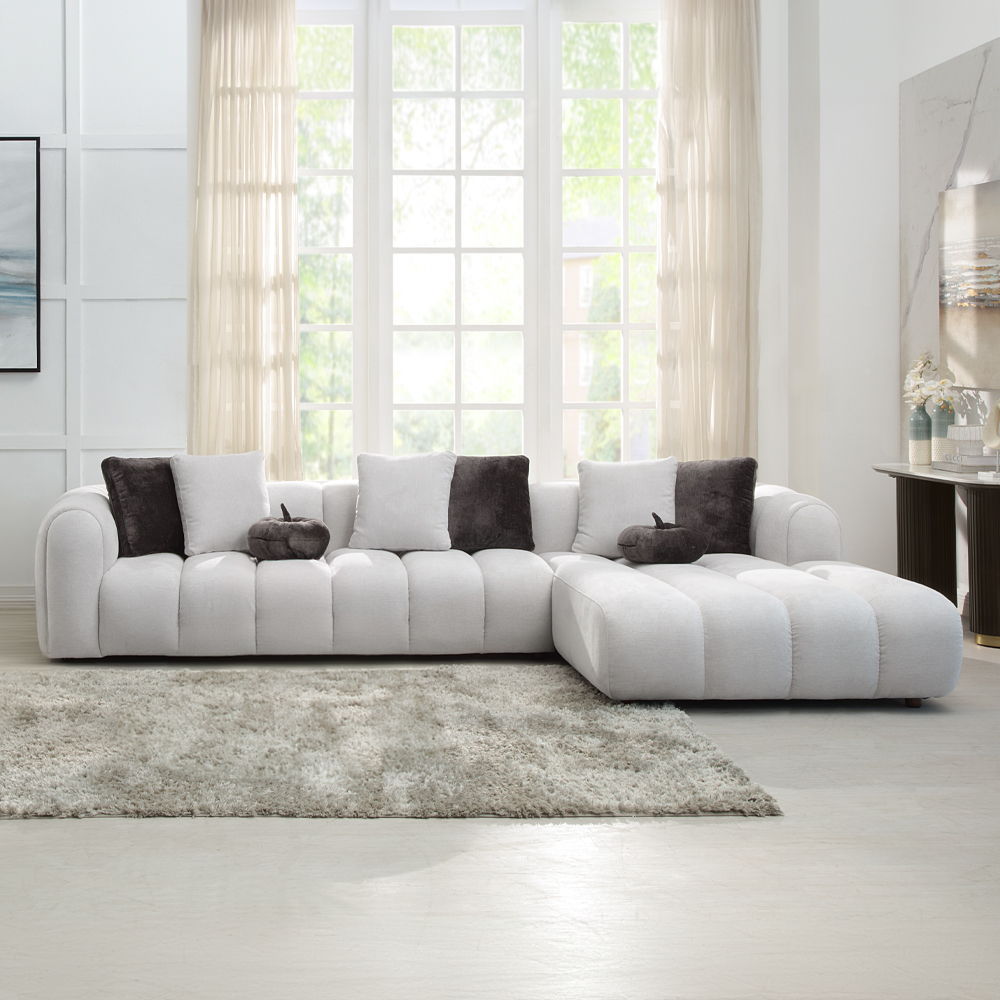 Manilla - Sectional Sofa With 8 Pillows - Ivory White Linen