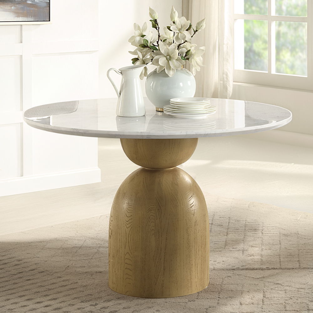 Kala - Round Dining Table With Marble Top - Natural Marble Top & Oak Finish