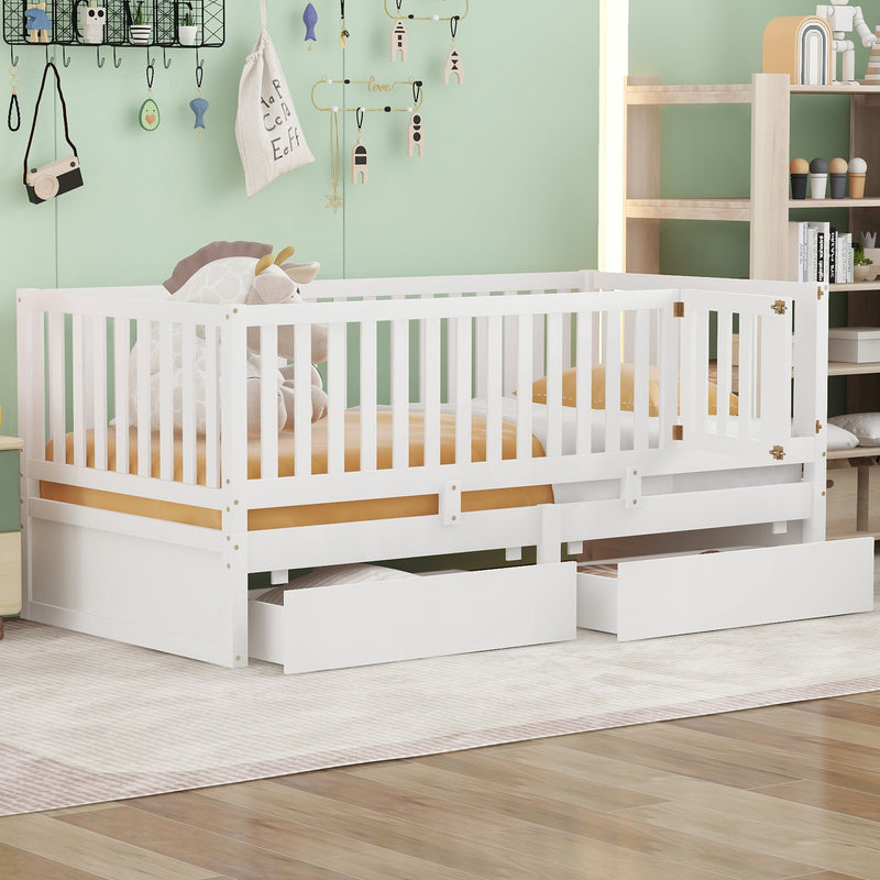Daybed With Fence Guardrails And 2 Drawers, Split Into Independent Floor Bed & Daybed