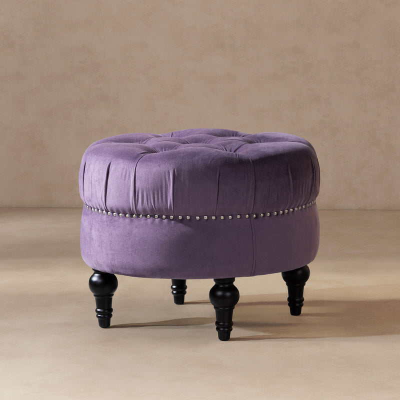 Dawn - Tufted Round Ottoman Nailhead Accents - Purple