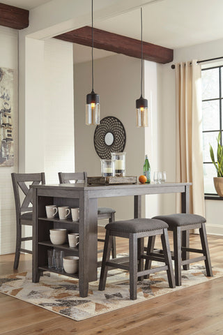 Gray / 5 Pc. - Rectangular Dining Room Counter Table, 2 Upholstered Stools, 2 Upholstered Barstools