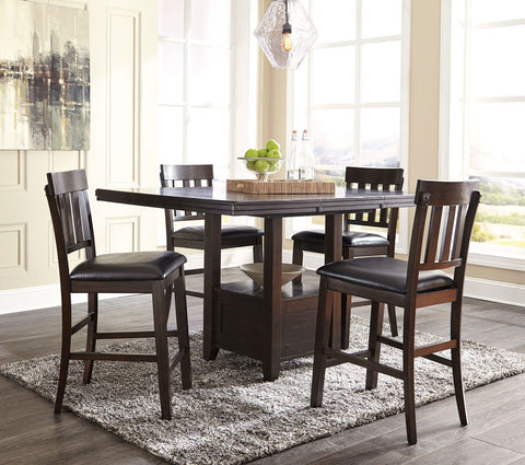 Dark Brown / 5 Pc. - Rectangular Dining Room Counter Extension Table, 4 Upholstered Barstools