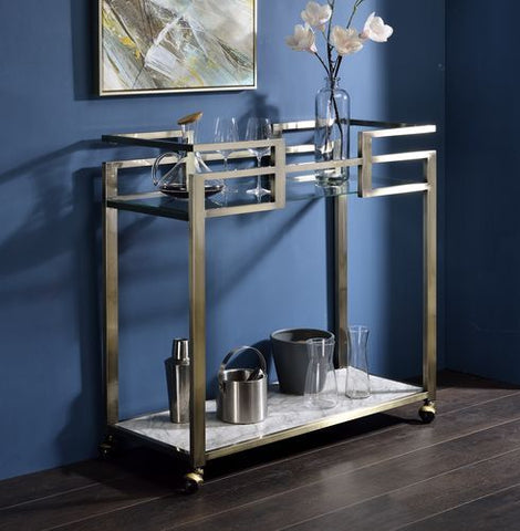 Neilo - Kitchen Cart - Clear Glass, Faux Marble & Wire Brass Finish