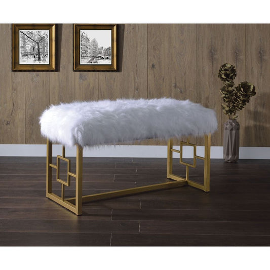 Bagley II - Bench - White Faux Fur & Gold - 21"