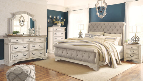 White / 6 Pc. - Dresser, Mirror, Chest, Upholstered Sleigh Bed / Queen