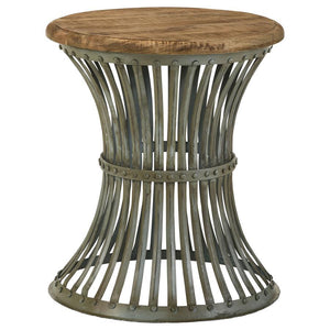 Matyas - Round Accent Table With Natural Top And Blue Distressed Base