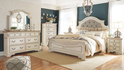 White / 5 Pc. - Dresser, Mirror, Upholstered Panel Bed / Queen