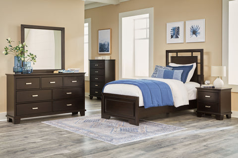 Dark Brown / 5 Pc. Bed, Dresser, Mirror, Chest / Twin