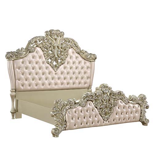 Vatican - Eastern King Bed - PU Leather, Light Gold & Champagne Silver Finish