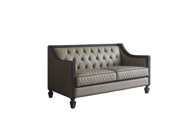 House - Beatrice Loveseat - Tan PU, Black PU & Charcoal Finish