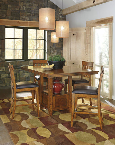 Light Brown / 5 Pc. - Rectangular Dining Room Counter Extension Table, 4 Upholstered Barstools